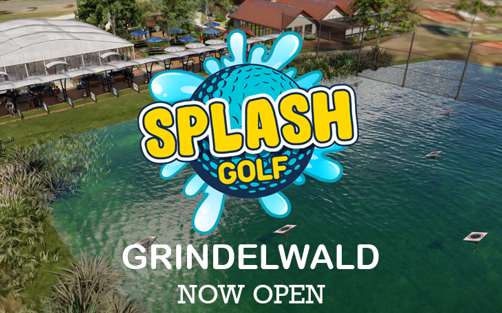 Splash Golf Grindelwald Logo with Now Open Sign